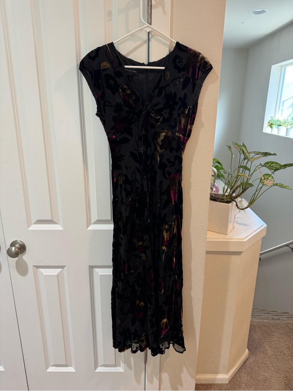 Jones New York Black Velvet Floral Midi Dress with Purple & Gold Accents
